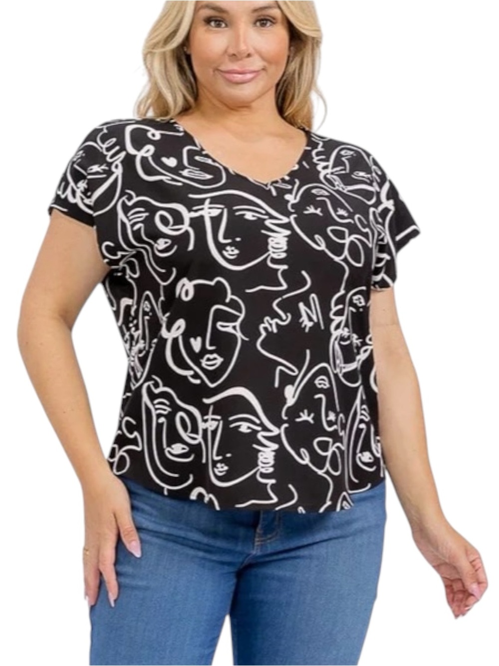 7112. Black & White Abstract Face Print V-Neck Top